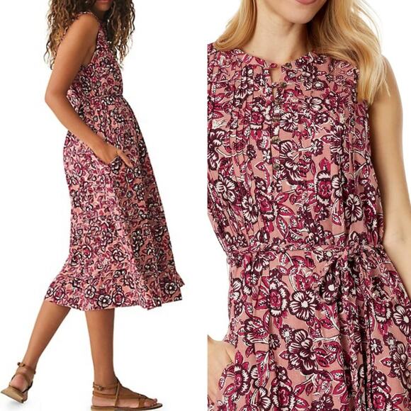 FAHERTY DRESS M LINEN PINK FLORAL COTTAGECORE TIERED MIDI BOW TIE ISHA - Picture 1 of 16